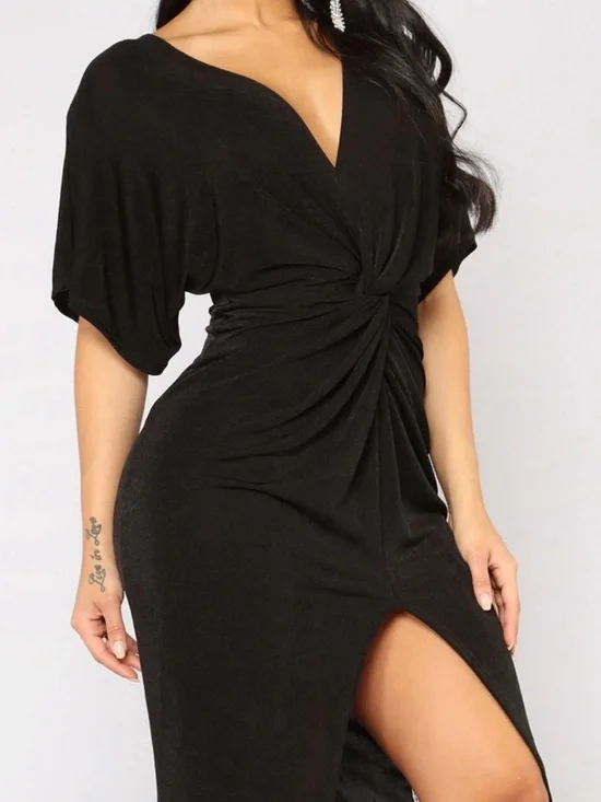 Fashion Nova Full Grown Twist-Front Bat Wing Midi Dress w Front Slit, Black, XL - Picture 4 of 10